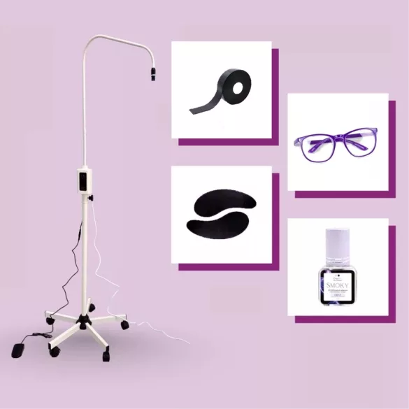 OrgaMo Chance UV led lámpa fehér + UV védőszemüveg + OrgaMo Smoky UV ragasztó + UV védő habtapasz + UV védő szilikon szemhéjtapasz + UV webinar