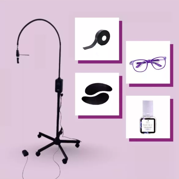 OrgaMo Chance UV led lámpa fekete + UV védőszemüveg + OrgaMo Smoky UV ragasztó + UV védő habtapasz + UV védő szilikon szemhéjtapasz + UV webinar